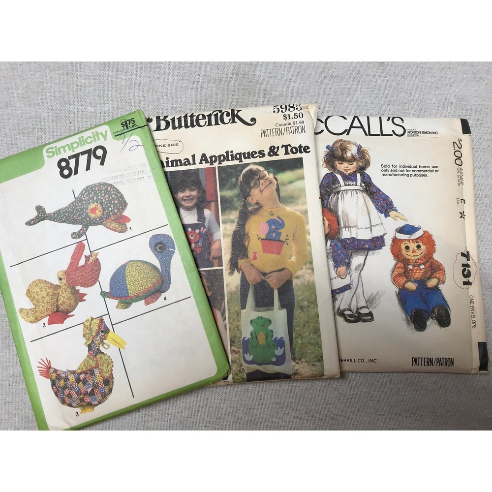 Vintage 1978‎ Sewing Patterns: Children's Appliqués Raggedy Ann Stuffed Animals